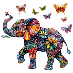 May include: A colorful illustration of an elephant decorated with floral patterns and swirls. The elephant is adorned with vibrant flowers in shades of orange, yellow, and blue. Several butterflies in various colors are scattered around the elephant.
