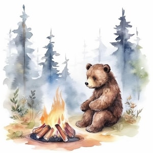 May include: Watercolor illustration of a brown bear cub sitting near a campfire. The bear is in a forest setting with blue and green trees in the background. The campfire has orange flames and brown logs.