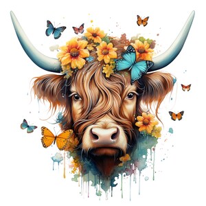 Highland Cow With Flowers And Butterfly&#39;s Fabric Panel ~4,5, 6, 8, 10, 12, 14, inch fabric panel for sewing projects