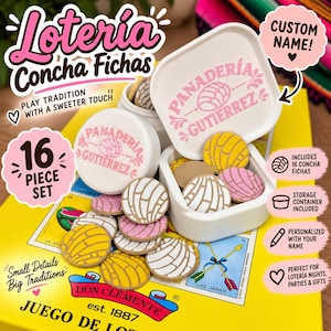 May include: A 16-piece Loteria Concha Fichas set featuring round tokens shaped like concha sweet breads in yellow, pink, and white. The set includes a white storage container with the text Panaderia Gutierrez and a concha illustration printed on the lid.
