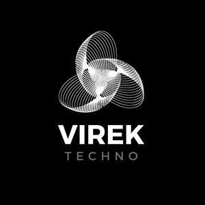 May include: A white logo featuring a stylised, abstract design of three overlapping circles. The text "VIREK TECHNO" is positioned below the design.
