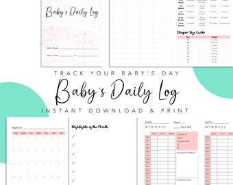 Könnte beinhalten: Ein druckbares Baby-Tagebuch mit rosa Akzenten. Das Design umfasst Abschnitte zur Verfolgung des Wachstums, des Schlafrhythmus und der Windelgrößen des Babys. Der Text "Baby's Daily Log" ist in eleganter Schrift dargestellt.
