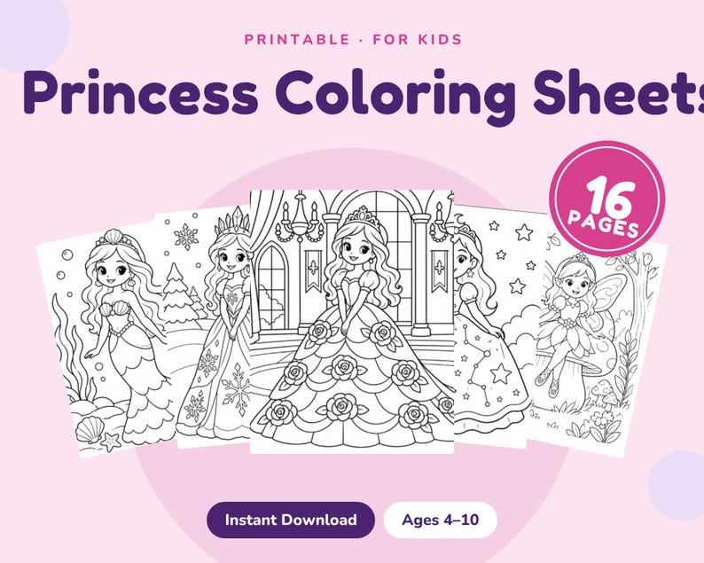 Princess Coloring Pages, Printable Fairy Tale Activity Sheets - Etsy