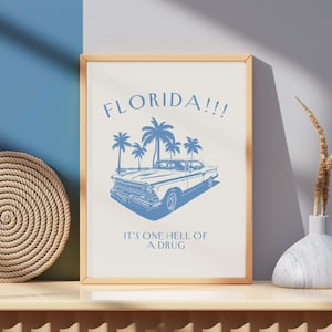 May include: A framed print featuring a blue illustration of a vintage car driving along a palm tree lined road. The text "FLORIDA!!" is above the car and "IT'S ONE HELL OF A DRUG" is below the car.
