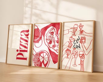 Pizza and Wine Prints Set – Sketch Art, Kitchen Wall Decor (Digital Download)