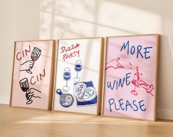 Wine and Pizza Print Set, Italian Kitchen Wall Art (Digital Download)