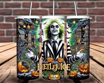 Bettle Juice Halloween Tumbler Wrap with Horror Halloween Character PNG, Skinny Tumbler Digital Design (No Physical)