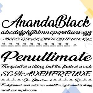 May include: A black and white image showcasing the Ananda Black font. The font is a cursive script style with a bold, dramatic look. The image includes a sample of the alphabet in both lowercase and uppercase letters, as well as a few sample phrases using the font.