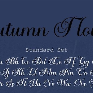 May include: A font design called "Autumn Flowers" in a cursive script style. The font is shown in a standard set of uppercase letters, with each letter individually displayed.