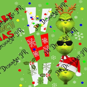 Może przedstawiać: Zielony Grinch w czerwonym kapeluszu Świętego Mikołaja, okularach przeciwsłonecznych i rogach renifera. Grinch mówi "Ho Ho Ho" na zielonym tle z płatkami śniegu.