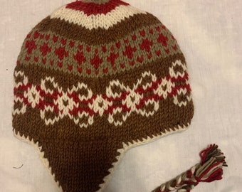 Mezcla de lana tejida a mano, gorro de gorro blanco rojo marrón, gorro de punto, frijol cálido hecho a mano, invierno