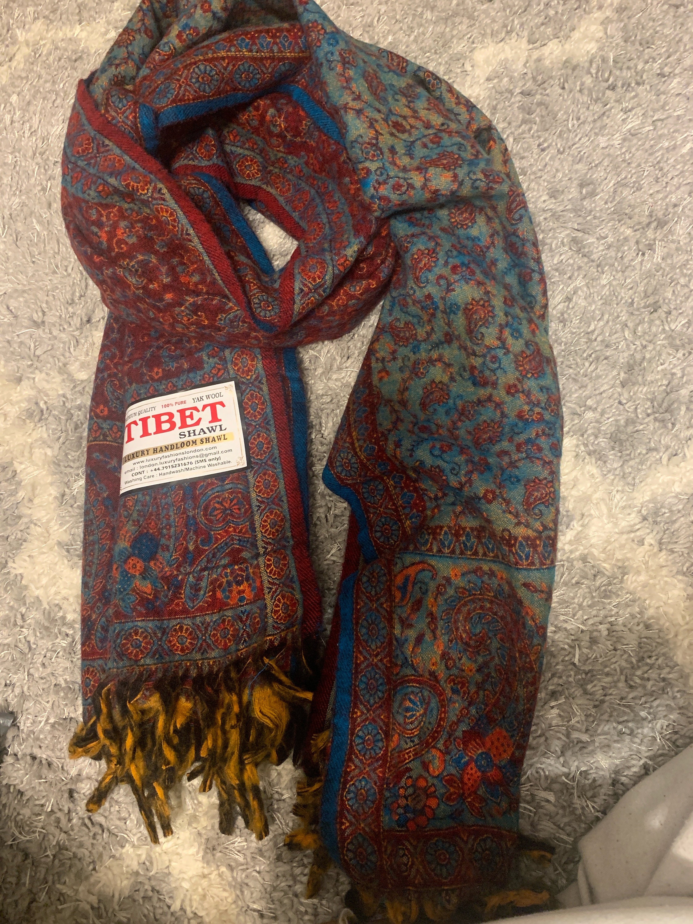 Tibetan Wool Blend Shawl Blanket - Navy with Maroon Reverse
