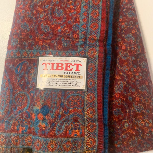 Écharpe en laine YAK BLEU/Bourgogne, couverture châle, écharpe spirituelle tibétaine, écharpe de protection, méditation, tapis de yoga de prière, qualité supérieure