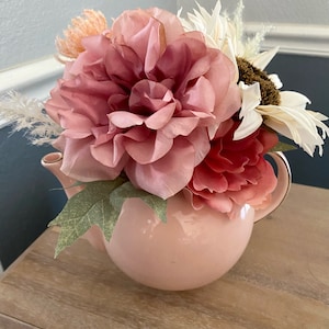Pink and White Silk Floral Arrangement in a Pink Teapot, White Sunflower table centerpiece, Table Home Accent, Teapot with florals