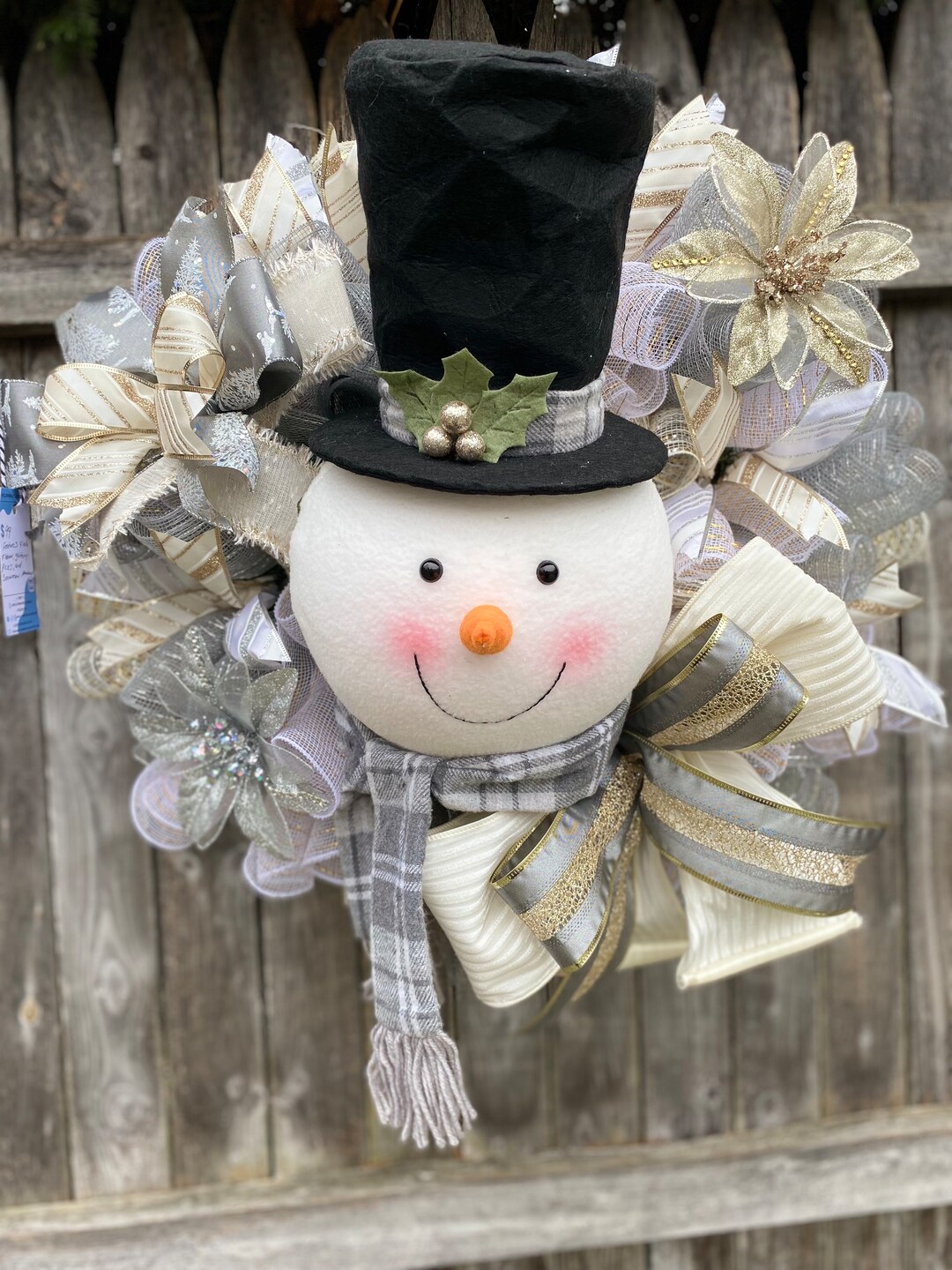 Snowman Head Winter Wreath With Neutral Cream, Gray, and Gold Accents ...