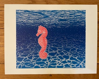 Seahorse- original linocut print of a seahorse in the ocean