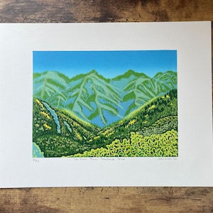 Puede incluir: Una impresión verde, azul y amarilla de una cordillera con el texto "The View From Pendle Peak" y el número "6/25".