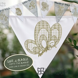 May include: A white banner with a gold butterfly design, part of a set of decorative pennants. The butterfly has an intricate, lacy pattern. Additional pennants feature animal designs. The banner is part of a bundle, as indicated by the text on the image.