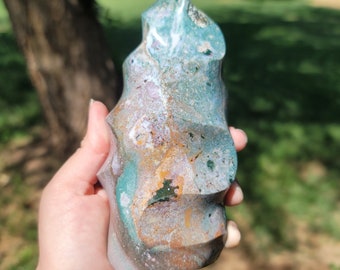 Lavender & Teal Sea Jasper Flame: Carved Crystal Decor (6.31" Tall)