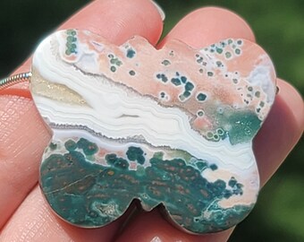 Pink Ocean Jasper Butterfly Necklace: Sterling Silver Chain, Moss Agate Charm