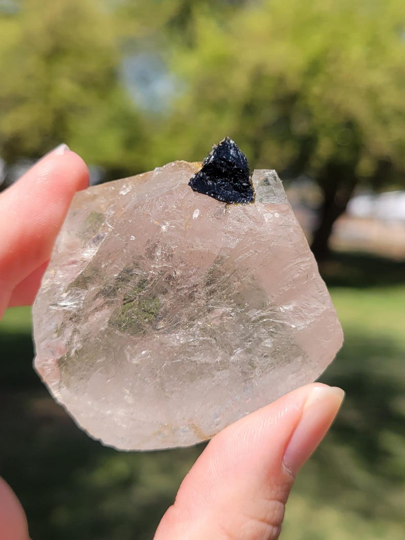 May include: A clear, rough-cut quartz crystal with a small, dark black mineral inclusion. The crystal is held up against a blurred green background, showcasing its natural, raw form. The quartz has a slightly pinkish hue.
