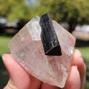 May include: A clear quartz crystal with a black tourmaline crystal embedded in it. The quartz is a pale pink color and has a faceted shape. The black tourmaline is a dark, opaque color and has a rough texture. The crystals are held in a hand.