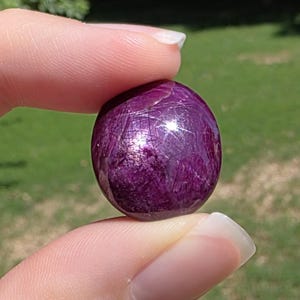 Könnte beinhalten: Ein runder, polierter Cabochon-Edelstein mit einem tiefen Magenta- und Violettton. Die Oberfläche zeigt einen ausgeprägten sechsstrahligen Sterneffekt, bekannt als Asterismus, der das Licht über die gewölbte, glatte Textur reflektiert.