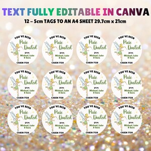 May include: Twelve circular stickers on an A4 sheet measuring 29.7cm x 21cm. Each 5cm tag features a fairy illustration, the text 'YOU'VE BEEN Pixie Dusted', 'from Michael, Luke & Sara', and 'CABIN 7138'. The top text reads 'TEXT FULLY EDITABLE IN CANVA'.