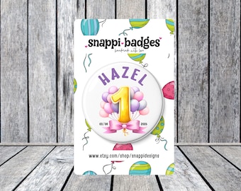 Personalised Birthday Badge | Custom Name, Age, Balloon Design (58mm)