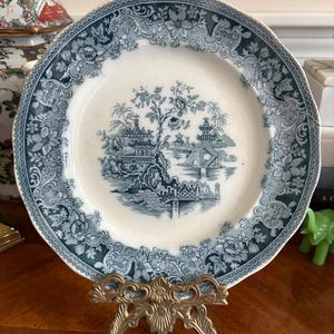 Antique Grindley "Shanghai" English Teal Transferware Luncheon Plate - Ironstone Pagoda Scene