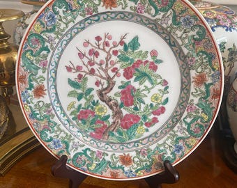 Hand Painted Famille Rose Porcelain Plate: Plum Tree Floral Motif Chinoiserie Decor