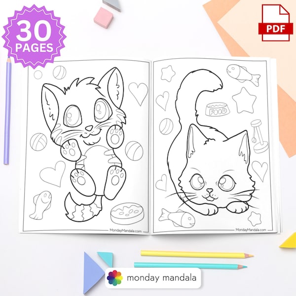 Kitten Coloring Book Instant Download Digital Color Book for Kids Printable PDF Simple For Preschooler Coloring Pages Art Activity Greyscale