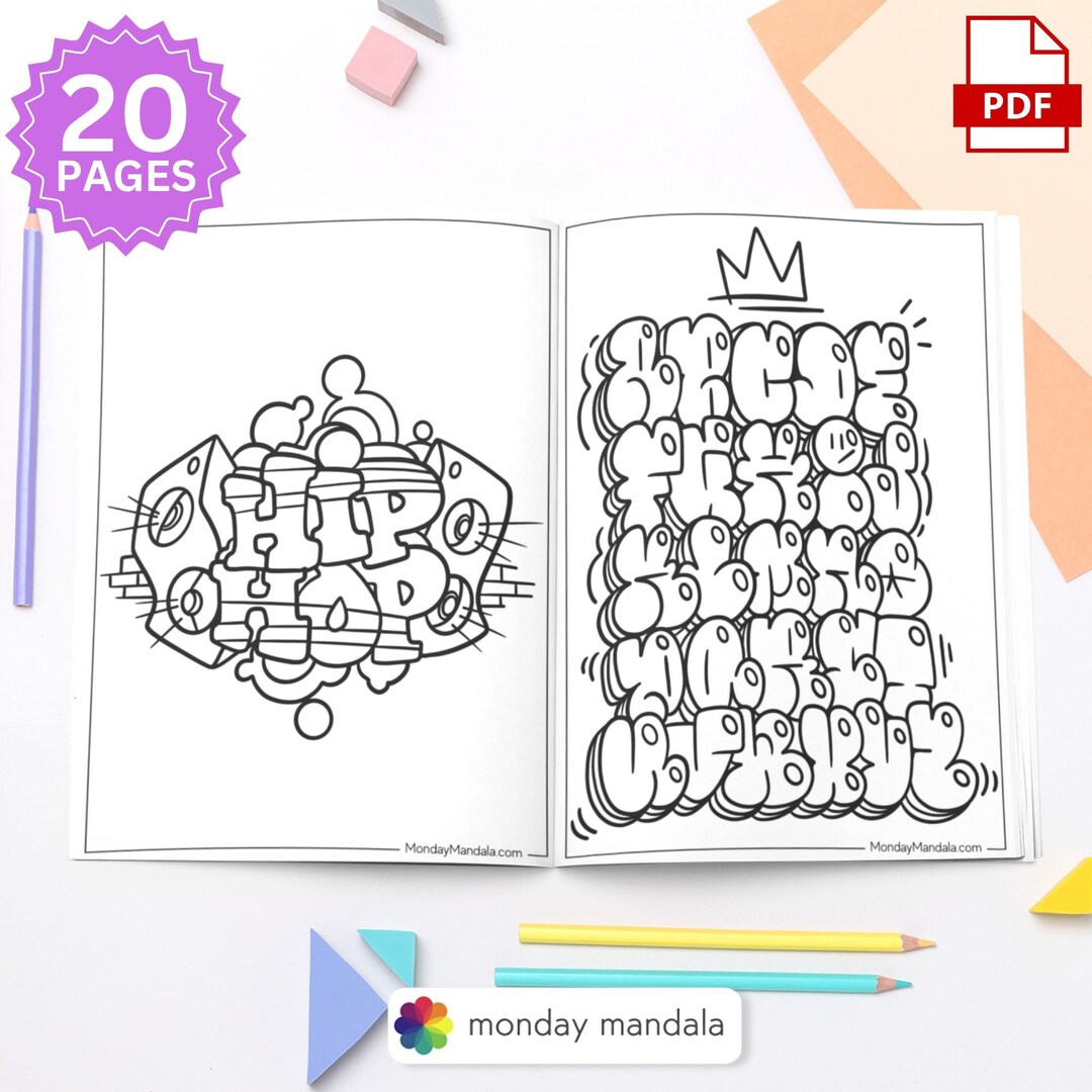 Graffiti Coloring Book Kids Street Art Coloring Sheet Greyscale PDF