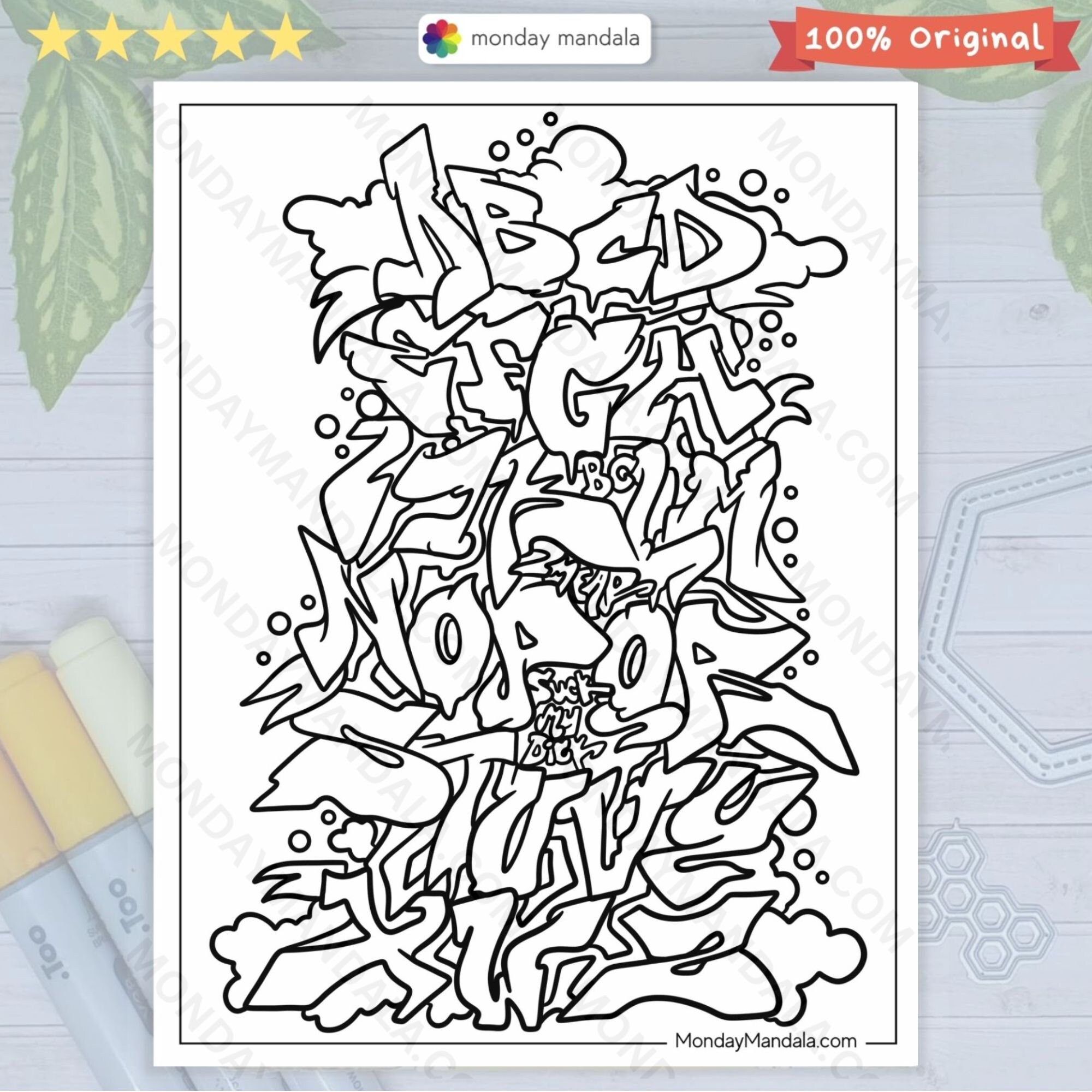 Graffiti Coloring Book Kids Street Art Coloring Sheet Greyscale PDF