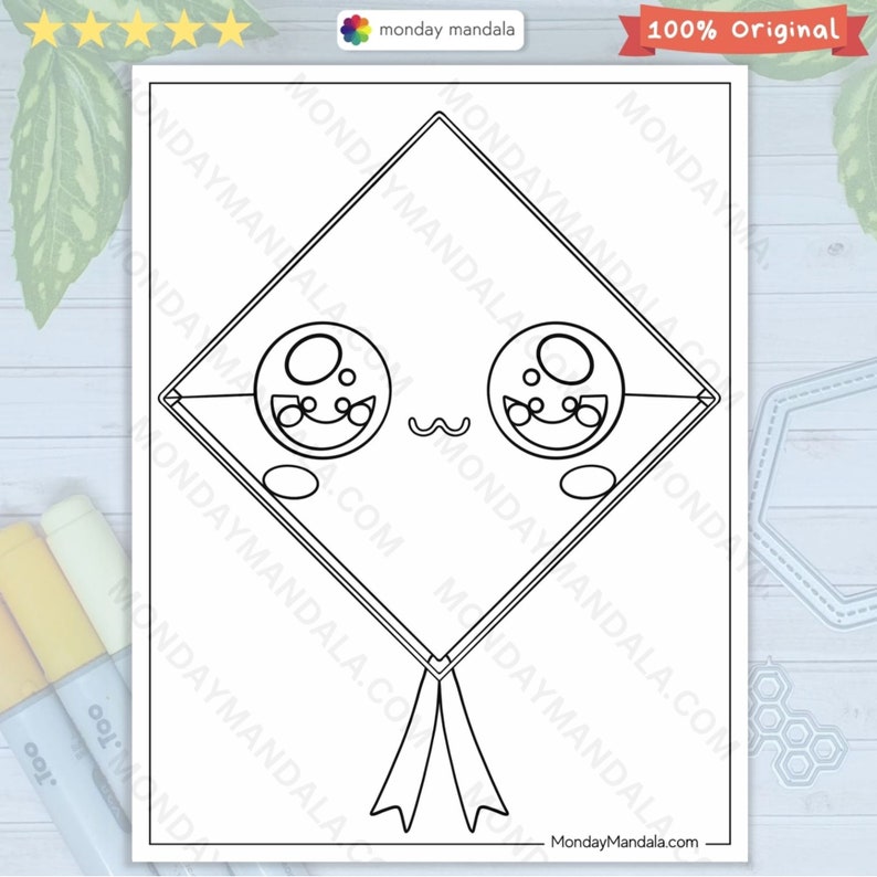 Kite Coloring Page Kid Simple Coloring Book Relaxing Adult Coloring Sheet Printable Greyscale ...