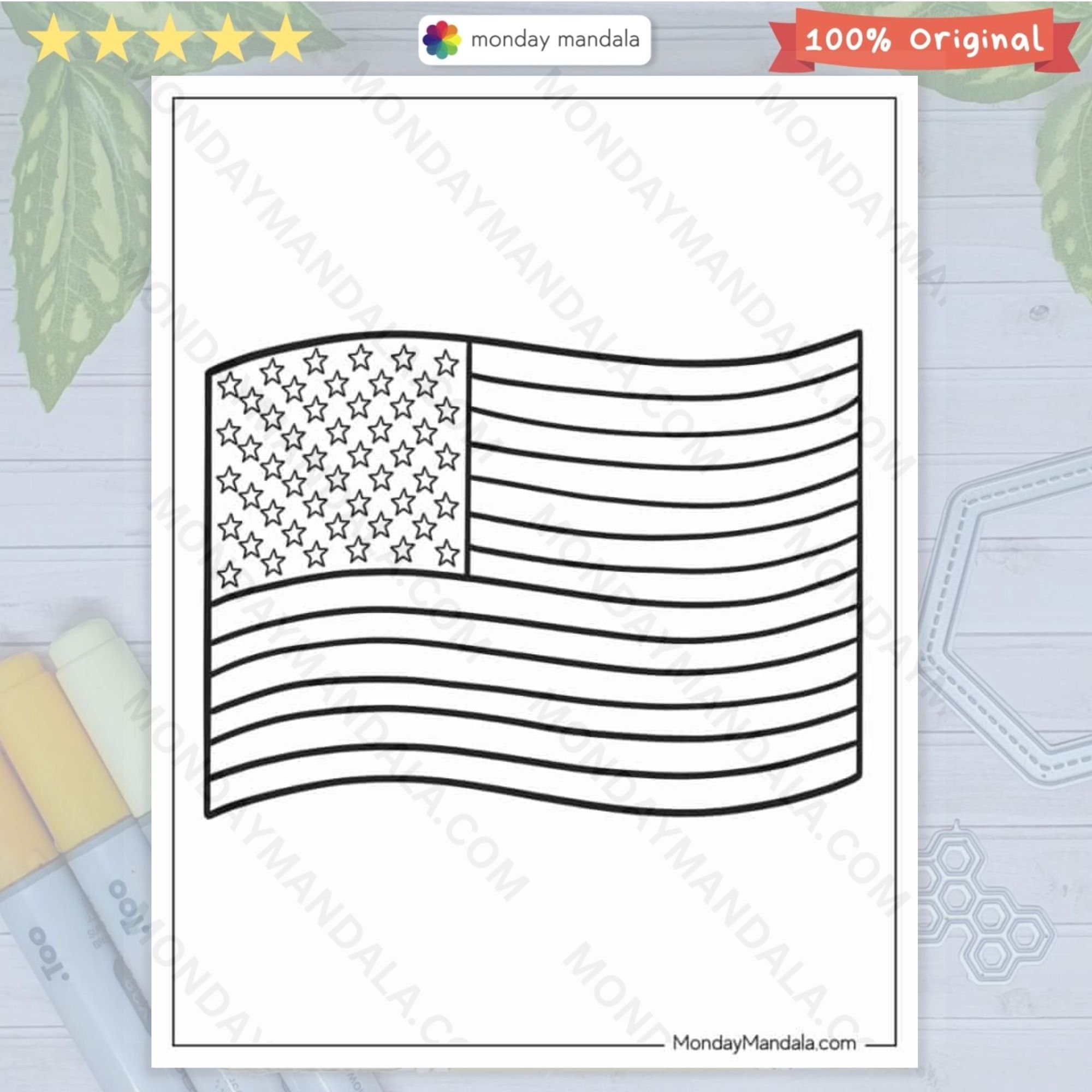 American Flag Coloring Page Printable US Flag Coloring Sheet for Kids Easy Coloring Book Instant ...