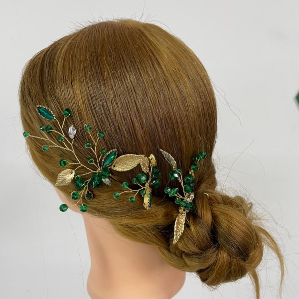 Emerald Crystal Hair Pins for Wedding-Bridal Hair Pins-Gold Leaves Hair Piece-Green Rhinestone Beads Head Piece-Wedding Hair Accessories