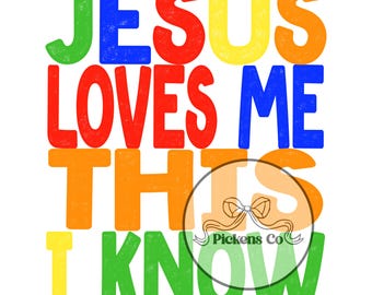 Jesus Loves Me This I Know PNG | Retro Rainbow Kids Christian Sublimation Design | Sunday School Printable | Faith Quote Digital Download