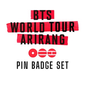 May include: A white background with the text "BTS WORLD TOUR ARIRANG" in black, overlaid on red tape. Below, a set of three red pin badges. The words "PIN BADGE SET" are at the bottom.