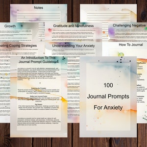 Puede incluir: Un conjunto de 100 indicaciones para el diario para la ansiedad, con fondos de estilo acuarela. Las indicaciones están organizadas en categorías como crecimiento, gratitud y atención plena, desafiar los pensamientos negativos, crear estrategias de afrontamiento y comprender tu ansiedad. La guía también incluye una introducción e instrucciones sobre cómo llevar un diario.