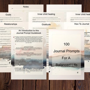 Op de afbeelding: Een set printbare journal prompts voor een uitgebalanceerd leven. De pagina's zijn versierd met aquarelachtige achtergronden in tinten blauw, groen en roze. De tekst op de pagina's omvat "100 Journal Prompts voor een uitgebalanceerd leven", "Doelen", "Relaties", "Innerlijke kindgenezing", "Dankbaarheid", "Hoe te journalen" en "Een inleiding tot deze Journal Prompt Guidebook".