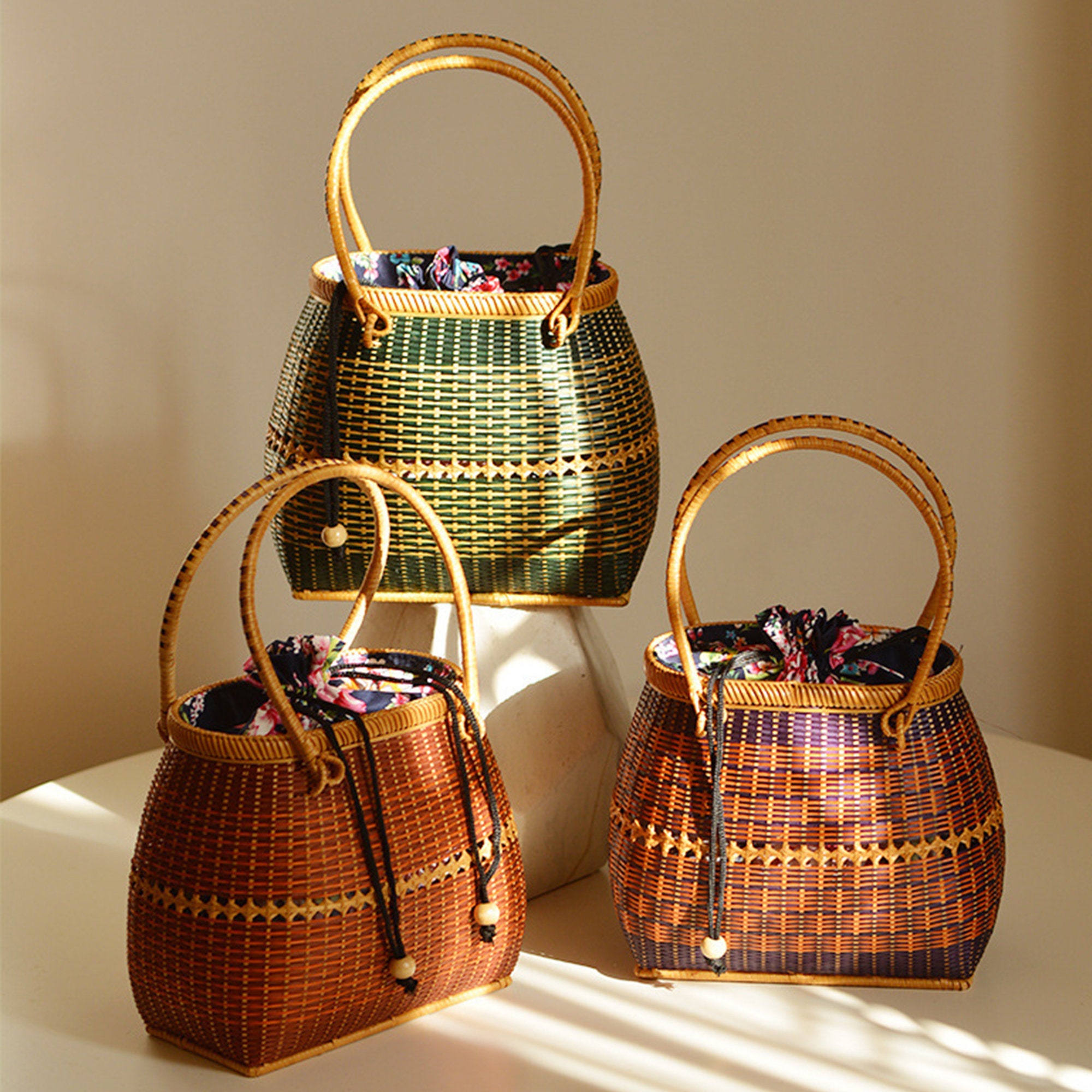 Handwoven Bamboo Handbag of square shape with leather straps and