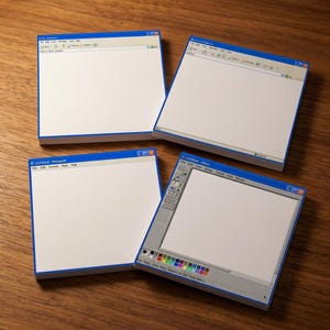 May include: Four square paper sticky note pads featuring retro computer interface designs. The designs include My Computer, Internet Explorer, Notepad, and Paint windows with blue borders, white writing areas, and classic toolbar icons.