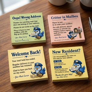 Mail Carrier Bluebird Sticky Note Set, 4 Pack 3x3 Inch Postal Route Reminder Pads
