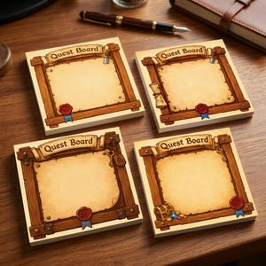 May include: Four square sticky notes featuring a Quest Board design with a wooden frame, a central parchment area, and a red wax seal at the bottom. Each note displays unique fantasy-themed illustrations like a scroll, a key, or a treasure chest.