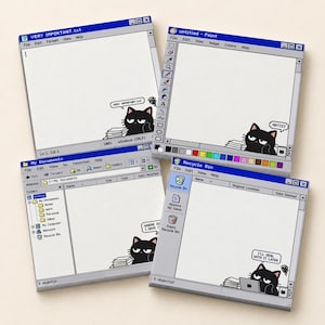 May include: Four square coasters featuring retro computer window interfaces. Each coaster displays a black cat character with speech bubbles containing text: VERY IMPORTANT.txt, ARTIST, WHERE DID I SAVE IT?, and I'LL DEAL WITH IT LATER.