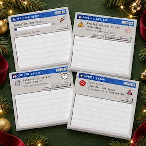 May include: Four square sticky note pads featuring retro computer window designs. The designs include New Year Setup, Resolutions.exe, Confirm Delete, and Update Error, each with lined paper space for writing notes and pixelated icons.