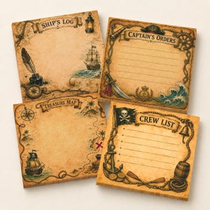 May include: Four square paper note pads with a vintage parchment aesthetic. The designs feature nautical themes including a ship, compass, anchor, and skull flag, with printed text reading SHIP'S LOG, CAPTAIN'S ORDERS, TREASURE MAP, and CREW LIST.