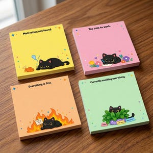 Op de afbeelding: Vier vierkante memoblokjes in geel, roze, oranje en lichtgroen. Elk blokje bevat een illustratie van een zwarte kat en de tekst: Motivation not found, Too cute to work, Everything is fine en Currently avoiding everything met kleine sterren.