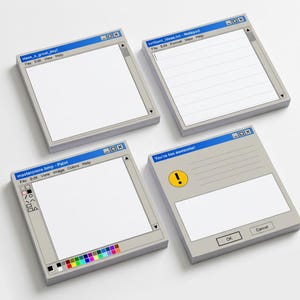 May include: Four square sticky note pads designed to look like vintage computer software windows. The designs include a blank document titled Have_a_great_day!, a lined notepad titled brilliant_ideas.txt, a paint program, and a dialog box with an exclamation icon.
